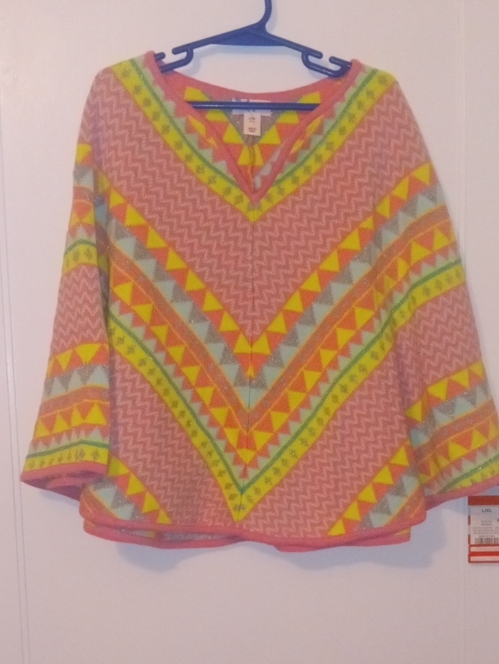 NWT girl large Multicolor Geometric V-Neck Sweater Poncho